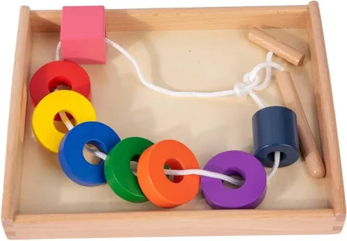Adena Montessori Juego de cordones de madera con bandeja, juego de cuentas de madera Montessori para niños de 1, 2, 3 años, habilidades motoras