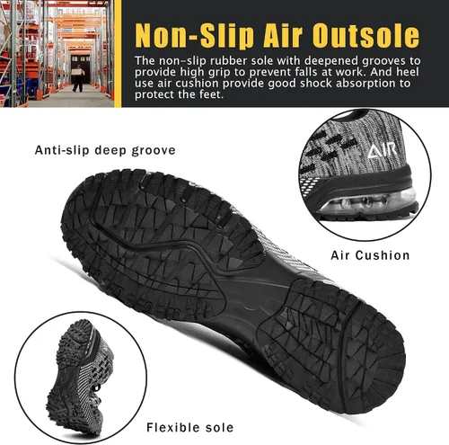 Miniatura 5 de HiHatide - Zapatos con punta de acero para hombre, zapatos de trabajo, zapatos de seguridad, con amortiguación de aire, ligeros, antideslizantes