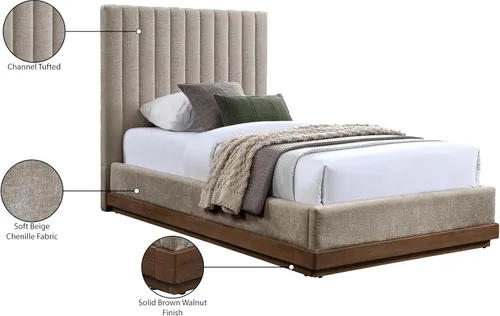 Miniatura 9 de Meridian Furniture B1245Beige-T Emmet Collection Modern Cama individual contemporánea con tela de felpilla beige suave, acabado de nogal, base