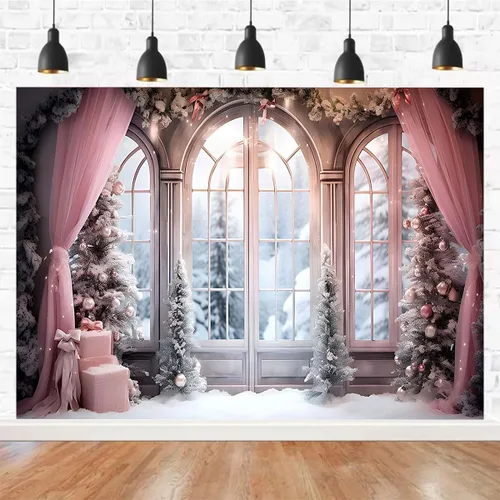 Miniatura 3 de Cortina rosa de invierno, fondo fotográfico de Navidad, invierno, nieve, bosque, ventana, fondo de fotografía, decoración de fiesta familiar, baby