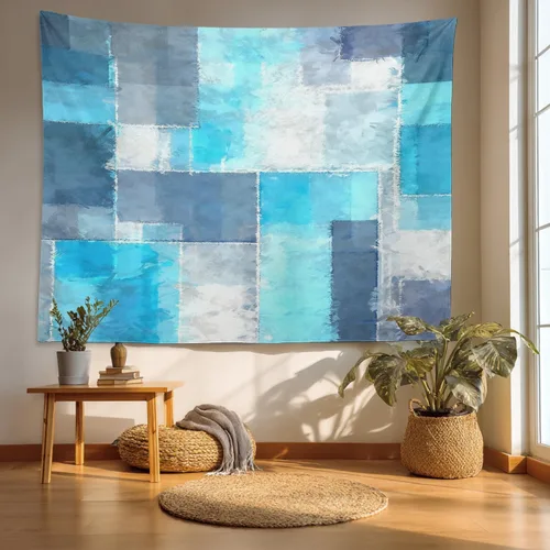 Miniatura 22 de Batmerry Tapiz azul y blanco, tapiz abstracto de pintura azul, negro, gris y blanco, para sala de estar, dormitorio, pared, decorativo, 51.2 x 59.1