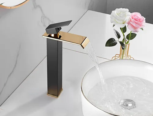 Miniatura 7 de Grifo de recipiente de baño, cascada de oro negro, grifo de fregadero de un agujero, grifos de baño, grifo de baño alto de una sola manija de Negro