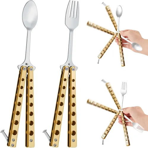 Miniatura 11 de Flutesan Juego de 2 Piezas de Tenedor y Cuchara Mariposa, Cuchara Táctica Mariposa Plegable de Acero Inoxidable Conjunto de Utensilios Spork
