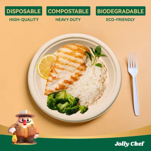 Miniatura 3 de JOLLY CHEF Platos compostables resistentes de 9 pulgadas [paquete de 300 unidades] Platos de papel natural desechables ecológicos, bagazo Marrón