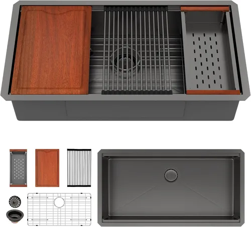 Miniatura 15 de Fregadero de cocina negro de 12 x 15 pulgadas, fregadero de barra pequeña con estación de trabajo de preparación de barra húmeda, lavabo de acero