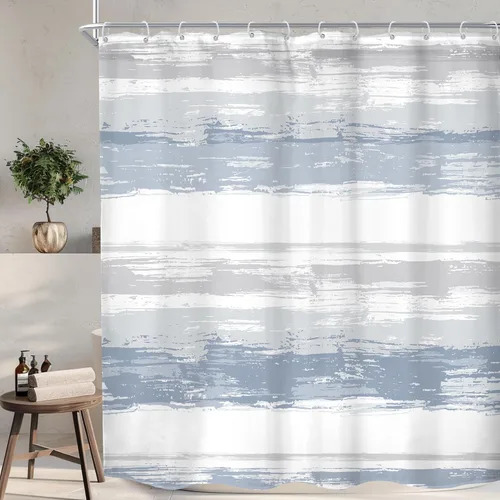 KOMLLEX Cortina de ducha abstracta azul para decoración de baño, 72 pulgadas de ancho x 72 pulgadas de alto, moderna, a rayas blancas y grises,