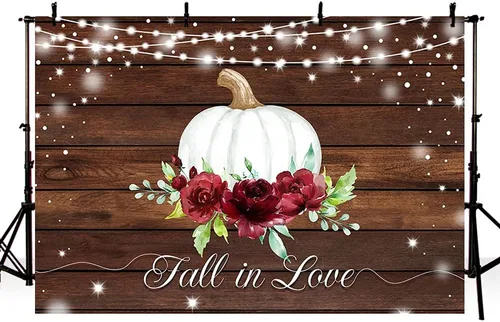 Miniatura 9 de MEHOFOND 7 x 5 pies, diseño de calabaza, borgoña, floral, rústico, madera, purpurina, fondo, otoño, boda, despedida de soltera, fiesta, suministros