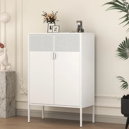 Miniatura 8 de Armario de almacenamiento de metal negro con 2 puertas, soporte de TV de 25 pulgadas de alto, armario de 2 niveles con estantes ajustables, gabinete