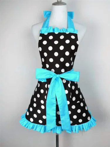 Miniatura 3 de Hyzrz Lindo delantal retro negro de lunares retro con volantes laterales vintage delantales de cocina con bolsillos para mujeres y niñas (lado azul)