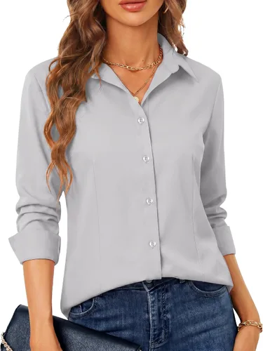 Miniatura 41 de BBIBBI Camisa de vestir elástica de manga larga con botones para mujer, blusa de trabajo casual de negocios (clásica, recortada y alta)