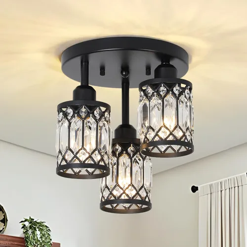 Miniatura 10 de PAUFUL Lámpara de Techo Semiempotrada de Cristal, Lámparas de Techo Modernas de 3 Luces Cerca del Techo, Lámparas de Cocina Negras con Pantalla
