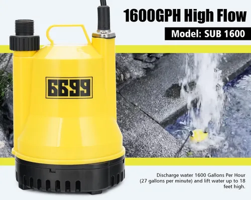 Miniatura 2 de Bomba de agua sumergible 1/4 HP 1600 GPH Bomba de agua termoplástica eléctrica portátil de transferencia con cable de 10 pies para piscina, tina