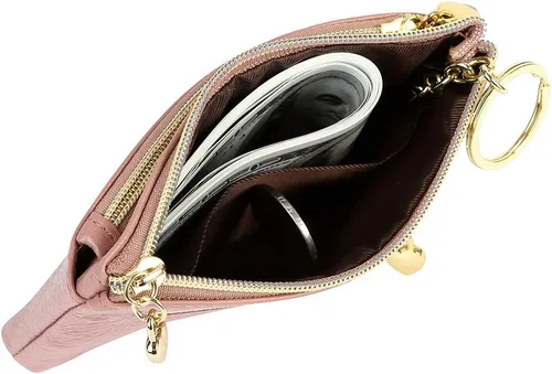 Miniatura 4 de Monedero de cuero genuino para mujer, con cremallera, tamaño de bolsillo, rosa oscuro
