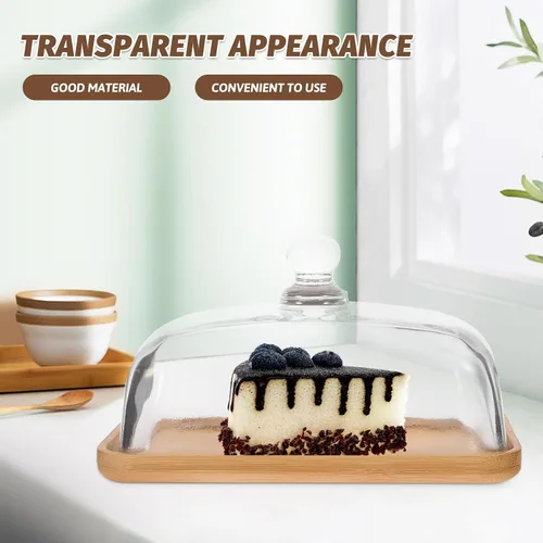 Miniatura 5 de Hemoton Plato de vidrio transparente para tartas con base de madera y cubierta de cúpula – 6.69 x 4.52 x 3.50 pulgadas, bandeja de postre