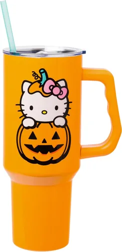 Miniatura 24 de Silver Buffalo - Vaso de acero inoxidable Sanrio Hello Kitty con flores de primavera y verano y rayas arcoíris, con asa y popote, compatible