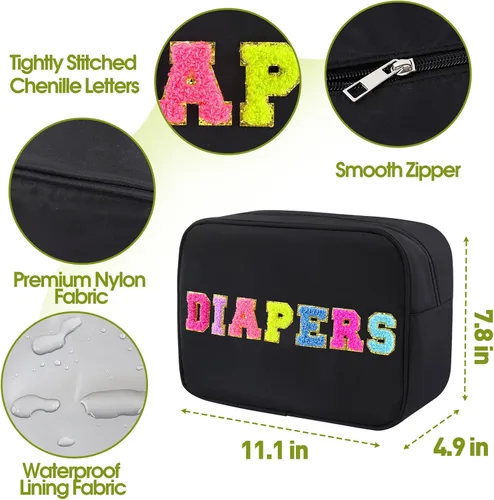 Miniatura 5 de Bolsa de pañales pequeña y portátil, organizador de pañales con letras de chenilla, bolsa organizadora de pañales para recién nacidos, artículos
