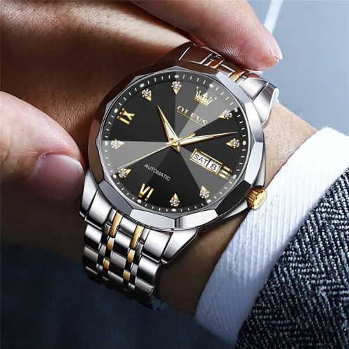 Miniatura 56 de OLEVS Reloj de pulsera automático con diseño de esqueleto para hombre, de lujo, con diamantes de lujo, de acero inoxidable, calendario, reloj