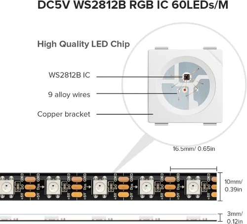 Miniatura 3 de SEZO WS2812B ECO Tira de luz LED 16.4 pies/5M 60 píxeles/m 300 píxeles, direccionable individual, programable, 5050SMD, RGB digital, aleación