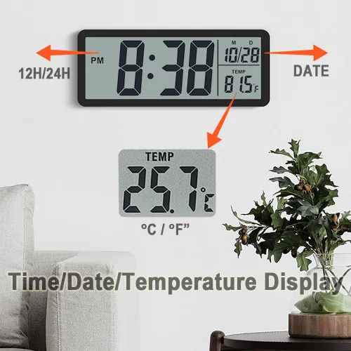 Miniatura 5 de Reloj de pared digital grande de 8.5 pulgadas, funciona con batería o enchufe, reloj digital LCD con pantalla grande con hora, fecha y temperatura