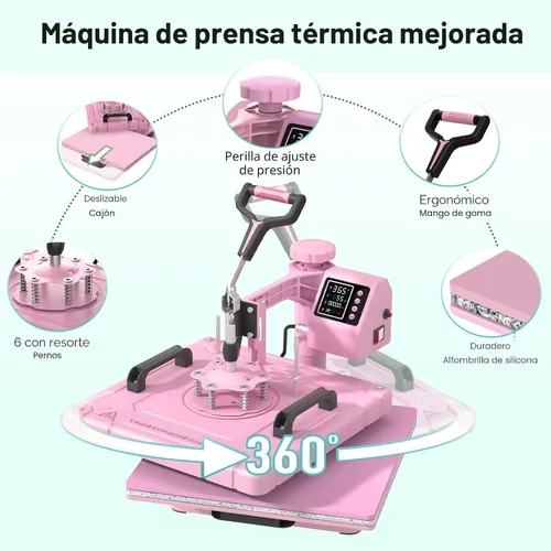 Miniatura 4 de Slendor - Máquina de prensa de calor 8 en 1, 15x15 pulgadas, giro de 360 grados, prensa digital para camisetas, máquina multifunción de Rosa