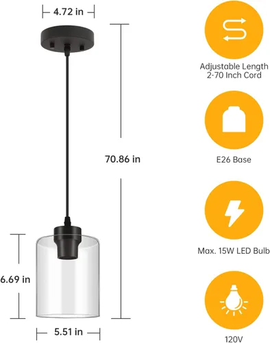 Miniatura 2 de BoostArea Lámparas Colgantes Modernas, Lámpara de Techo Colgante Industrial con Pantalla de Vidrio Transparente, Iluminación Colgante Negra