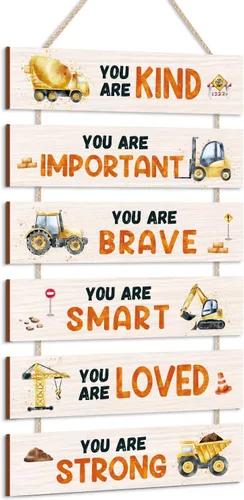 HPNIUB Decoración de habitación de camiones de construcción para niños, con citas inspiradoras positivas, letrero de placa colgante, letrero de