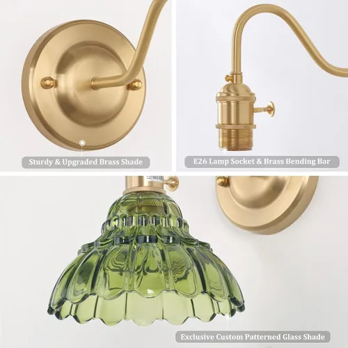 Miniatura 6 de Shenmoyl - Aplique de pared que funciona con pilas, lámparas de pared vintage recargables con pantalla de vidrio de lirio verde, lámpara de pared