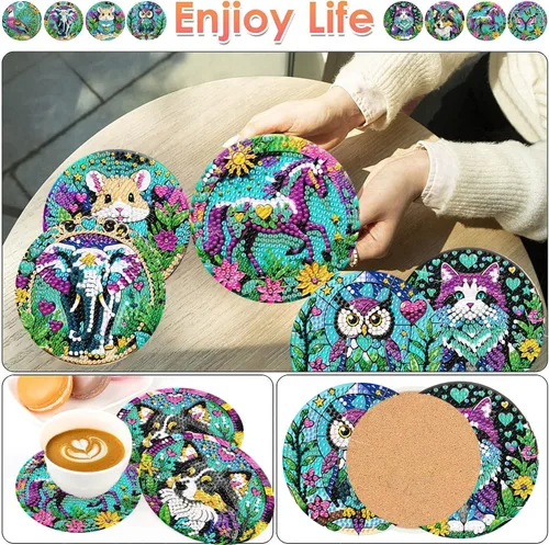 ijbnhd 8 posavasos de pintura de diamantes de animales, posavasos de arte de diamantes con soporte para principiantes y adultos, suministros de
