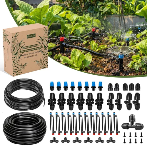 Kit de sistema de riego por goteo a presión para conectar, sistema de riego de jardín de 2 zonas con línea principal de 50 pies y 1/2 pulgada,
