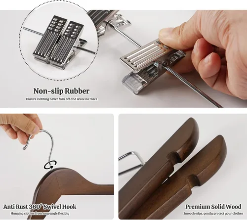 Miniatura 3 de Perchas de madera con clips, paquete de 16 perchas de madera para faldas con clips, perchas de madera de nogal seleccionada de alta calidad
