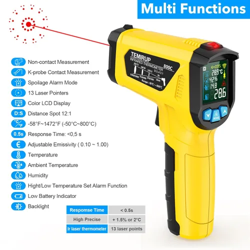 Miniatura 2 de Pistola Termómetro Infrarrojo, TEMIRUP Pistola de Temperatura Digital Láser sin Contacto con Sonda K para Industrial, Cocina, Plancha, Motor, HVAC