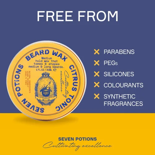 Miniatura 3 de SEVEN POTIONS Cera para barba de 1 oz. Cera natural para peinar la barba para una sujeción media. Da forma y nutre tu barba mientras se ve natural.