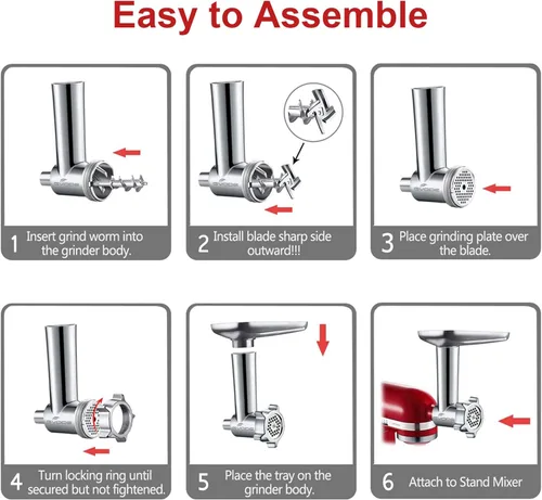 Miniatura 8 de Accesorio de molinillo de carne de metal para batidora de pie KitchenAid, molinillo de carne para Kitchen Aid incluye 4 placas de molienda, 3 tubos