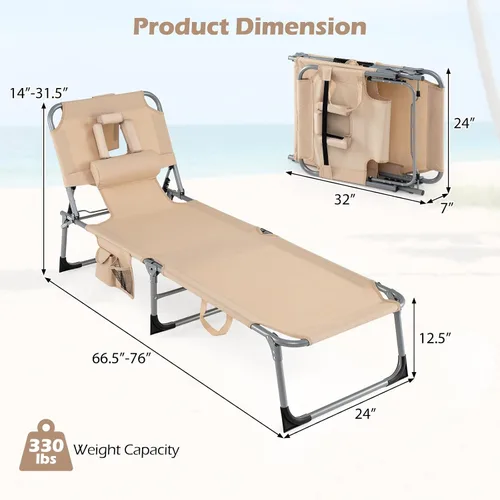 Miniatura 3 de Tangkula Silla de Bronceado con Orificio para la Cara, Silla Reclinable Plegable y Ajustable para Patio, Playa, Tomar el Sol con Bolsillo Lateral