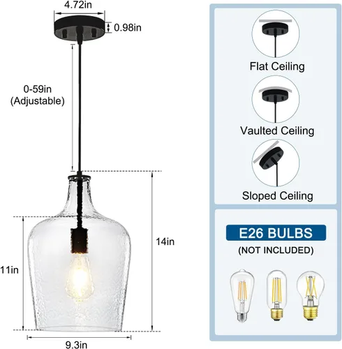 Miniatura 2 de Paquete de 2 lámparas colgantes de vidrio de 9.3 pulgadas para isla de cocina, lámpara colgante grande negra con vidrio grueso soplado, 1 luz