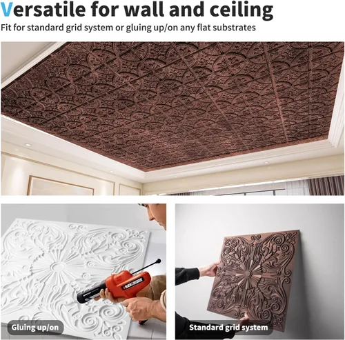 Miniatura 6 de Art3d - Azulejos decorativos para techo 2 x 2 con pegamento, para colocar en el techo, 24 x 24, paquete de 12 piezas de flores españolas en cobre