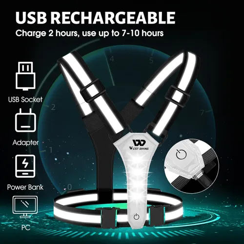 Miniatura 4 de West Biking Chaleco ligero para correr – Equipo reflectante LED para correr para caminar por la noche, chaleco de correr recargable de alta