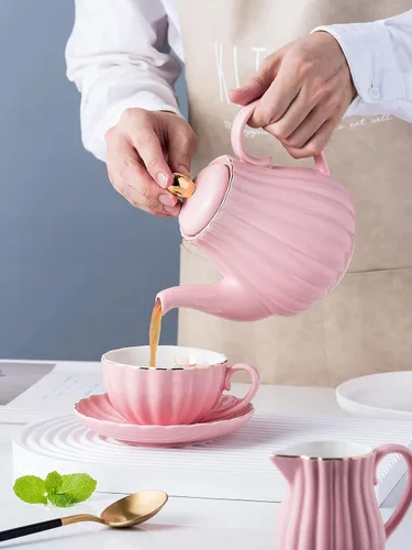 Miniatura 5 de Jusalpha Servicio para 6 tazas de café/taza de té rosa de porcelana fina, tazas y platillo de 8 onzas, con tetera, tazón de azúcar, cucharaditas