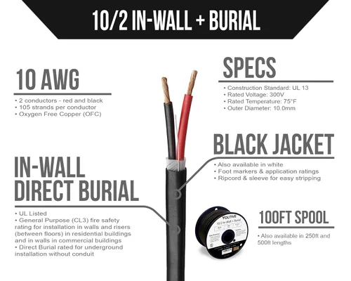 Miniatura 2 de Voltive Cable de altavoz 10/2, CL3 en pared y entierro directo, negro, 100 pies - 10 AWG, 2 conductores, cobre trenzado sin oxígeno, listado UL