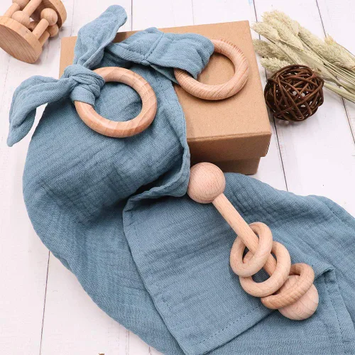 Miniatura 5 de Baby Lovey, sonajero de madera, anillo de mordedor, paquete de 3 unidades, regalo Montessori, azul marino, algodón, gasa doble, baby shower, regalo