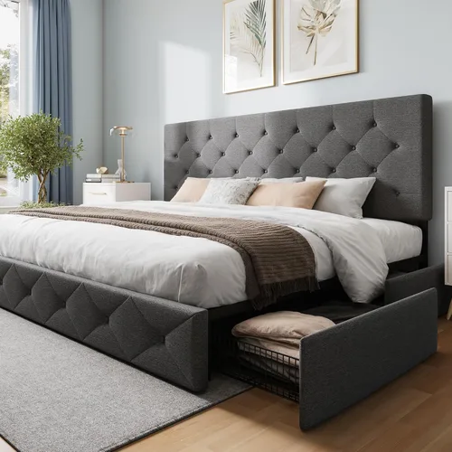 Miniatura 18 de WEEWAY Base de cama de plataforma tamaño Queen con 4 cajones de almacenamiento, cabecera capitonada con botones de puntada cuadrada, base de colchón