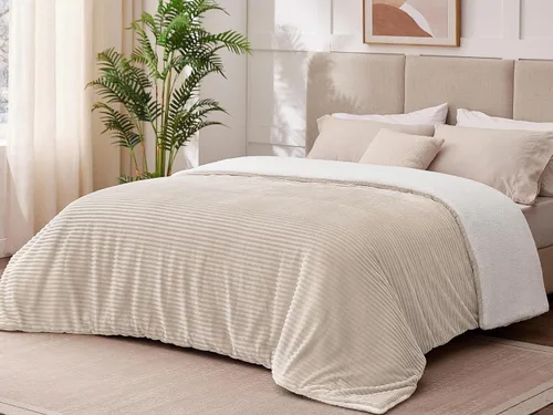 Miniatura 2 de Manta Sherpa para sofá, súper suave y gruesa, manta blanca, mantas cálidas para invierno, manta mullida para sofá cama, forro polar a rayas, crema