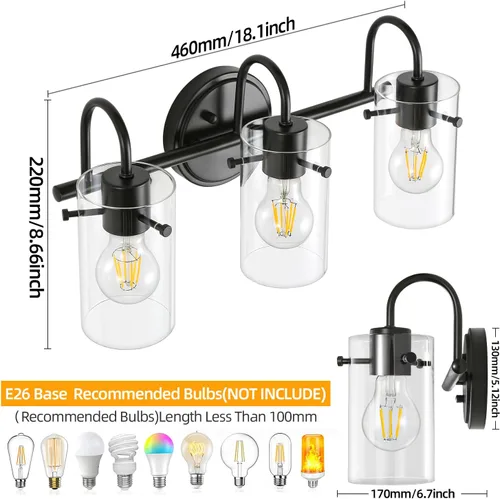 Miniatura 7 de 3 luces de tocador, lámparas de pared de baño negro mate sobre el espejo, aplique de pared moderno con pantalla de vidrio transparente, lámpara