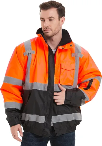ProtectX Chaqueta de seguridad impermeable de alta visibilidad, Hi Visi Reflectante Invierno Construcción Bomber Chaqueta para hombres y mujeres