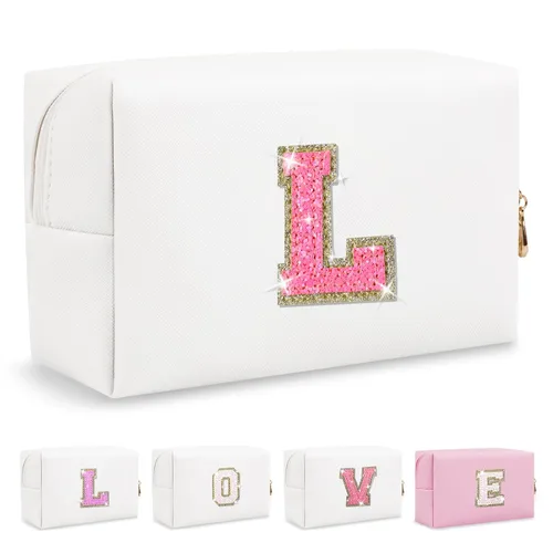 Miniatura 416 de Pequeña bolsa de maquillaje personalizada con inicial A-Z Preppy Patch, bolsa de cosméticos de viaje de felpilla blanca con cremallera, bonita bolsa