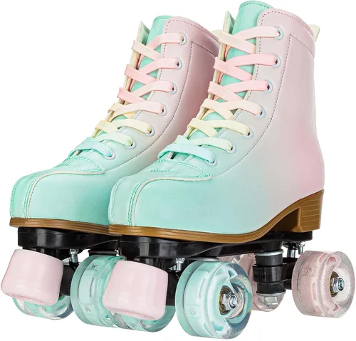 Miniatura 3 de YYW Patines de ruedas para niñas y mujeres, fantásticos patines de PU con gradiente rosa y verde iluminados para niños y jóvenes, para interiores