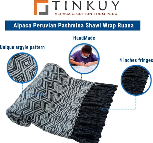 Miniatura 4 de TINKUY PERU - Chal de alpaca peruana de pashmina Ruana, 61 x 22 pulgadas, talla única