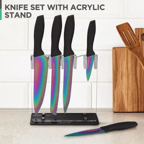 Miniatura 6 de HAUSHOF Juego de Cuchillos de Cocina, Juego de 5 Cuchillos Arcoíris con Bloque Acrílico, Juego de Cuchillos Negros con Revestimiento de Titanio