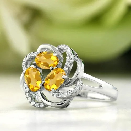 Miniatura 98 de Gem Stone King Flower Blossom Gemstone Birthstone Ring in 925 Sterling Silver 3-Stone Oval 6X4MM with Sparkling Accents Wedding Anniversary