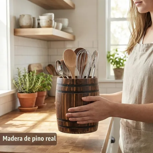 Miniatura 4 de MyGift Crock para Utensilios de Cocina con Diseño de Barril de Vino, Soporte de Herramientas de Cocina de Madera Quemada Vintage Rústica